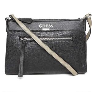 Guess Faux Pebbled Vegan Leather Black Sling Crossbody Bag Taupe Strap LIKE NEW